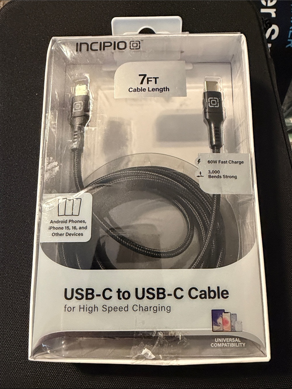 Incipio Black USB-C to USB-C Cable, 7ft Braided High-Speed